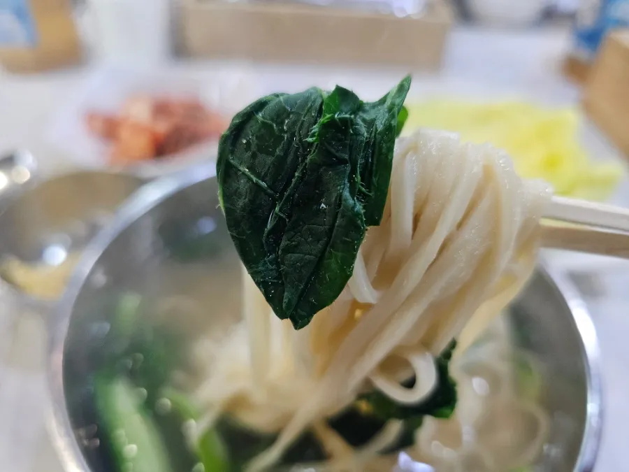 Handmade noodles and leafy greens lifted from Andongjip noodle soup