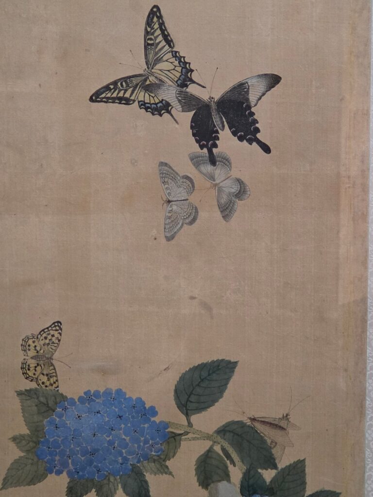 Butterfly folding screen with blue hydrangeas and insects