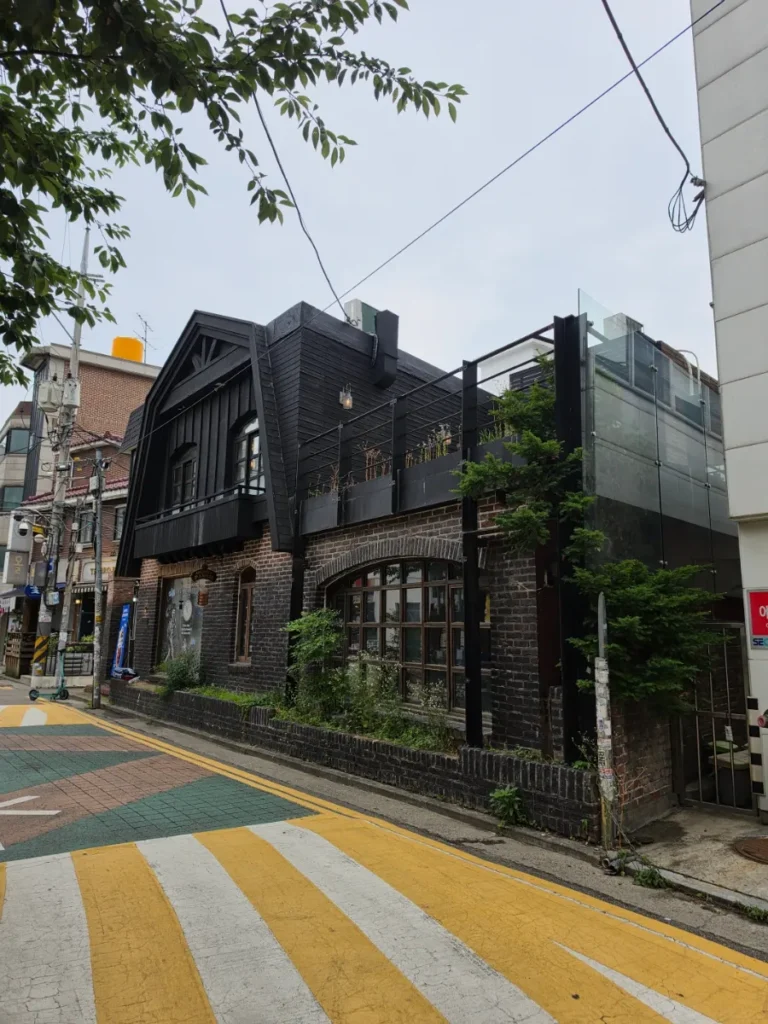 Brick exterior of Chimney Mansion cafe in Hongdae, Seoul