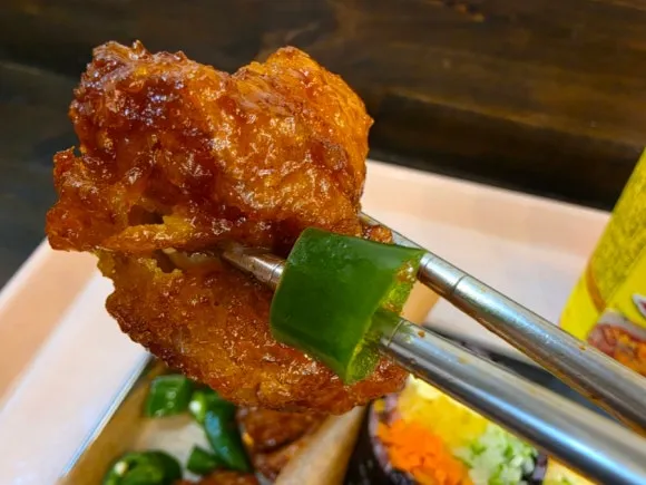 Crispy Korean dakgangjeong with green chili pepper