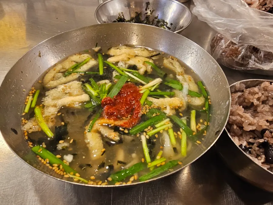 Bowl of Korean knife-cut noodle soup at Namdaemun Market