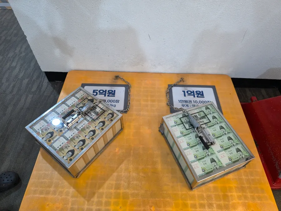 Korean won banknote bundles representing 100 million and 500 million won