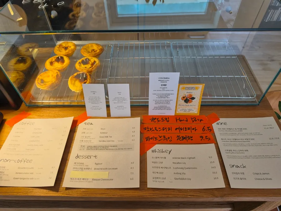 Dessert and drink menu at Sideway cafe in Seoul