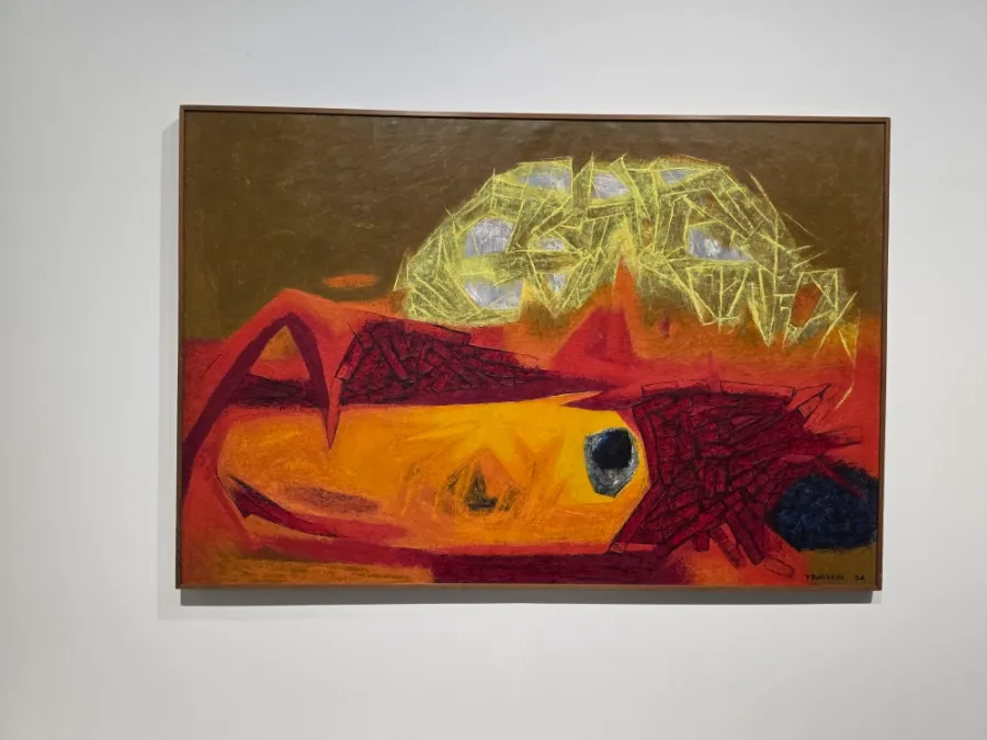 Abstract painting by Yoo Youngkuk with red, yellow and dark forms