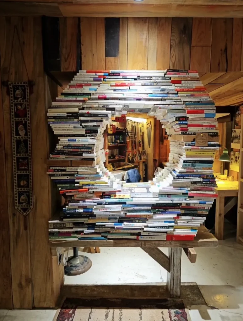 Stacked books forming a rectangular opening on a wooden table, with the cafe interior visible through the center.