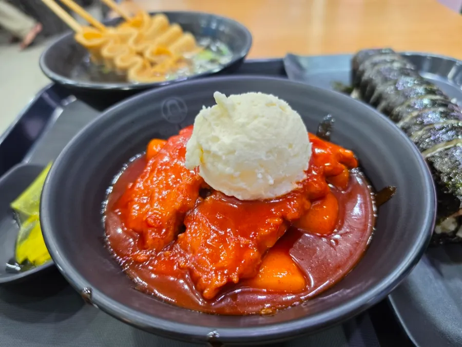 Spicy garaetteok tteokbokki with potato salad in Gangnam Seoul