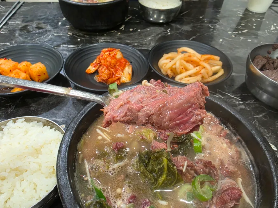 Large piece of beef in haejangguk at Yuchi Hoegwan Suwon