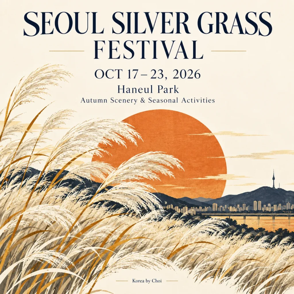 Illustrated Seoul Silver Grass Festival card with October 17–23, 2026 dates and Haneul Park location
